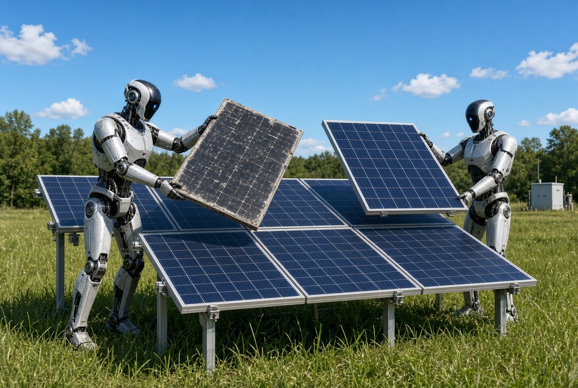 Concept rendering of humanoid robots replacing a degraded solar panel in a field