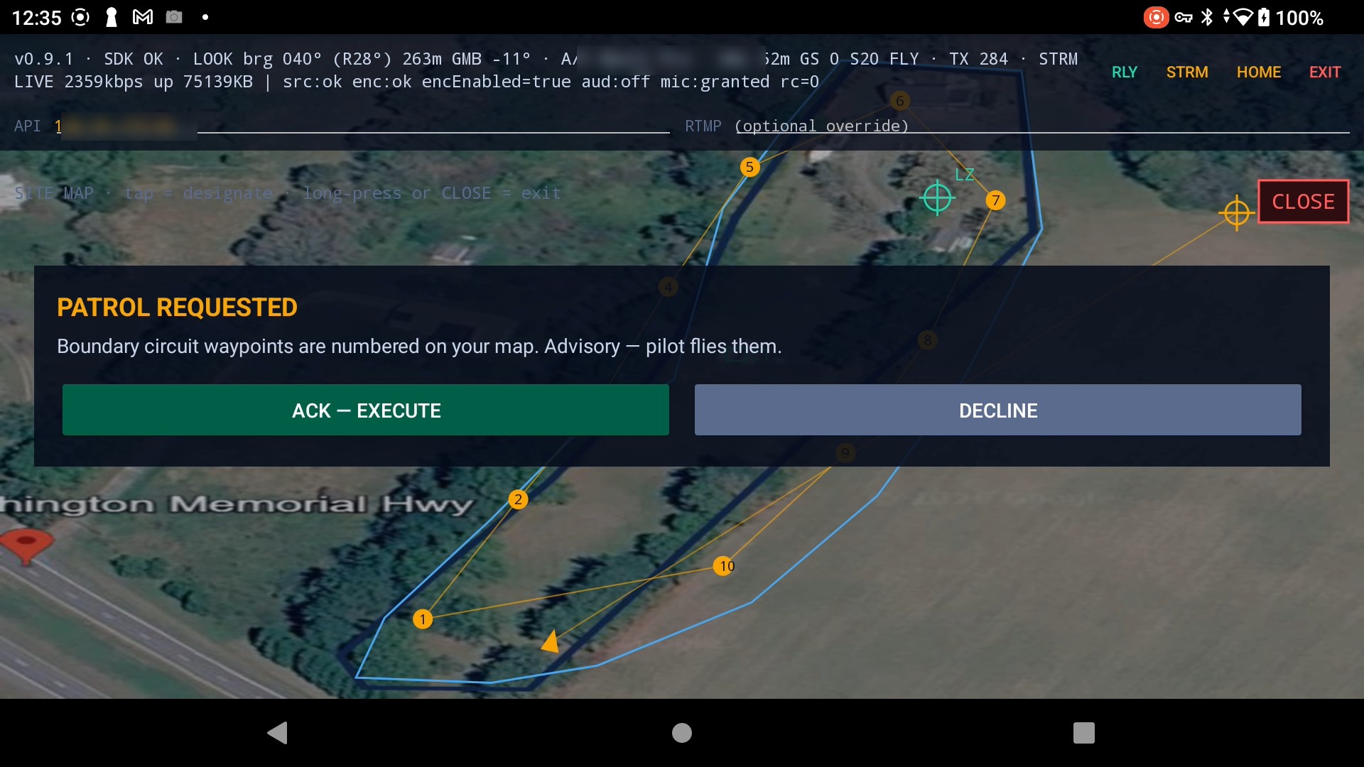 Ground-station map with a numbered survey circuit and an advisory tasking prompt